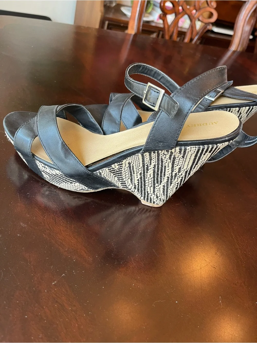 Audrey Brooke Black Strappy Wedges with Patterned Rope Heel